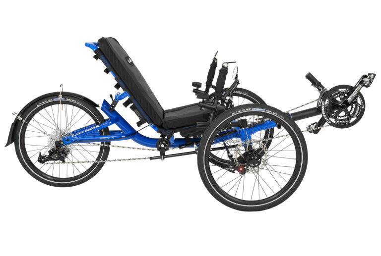 Promotional image of a blue recumbent Villager trike, side view