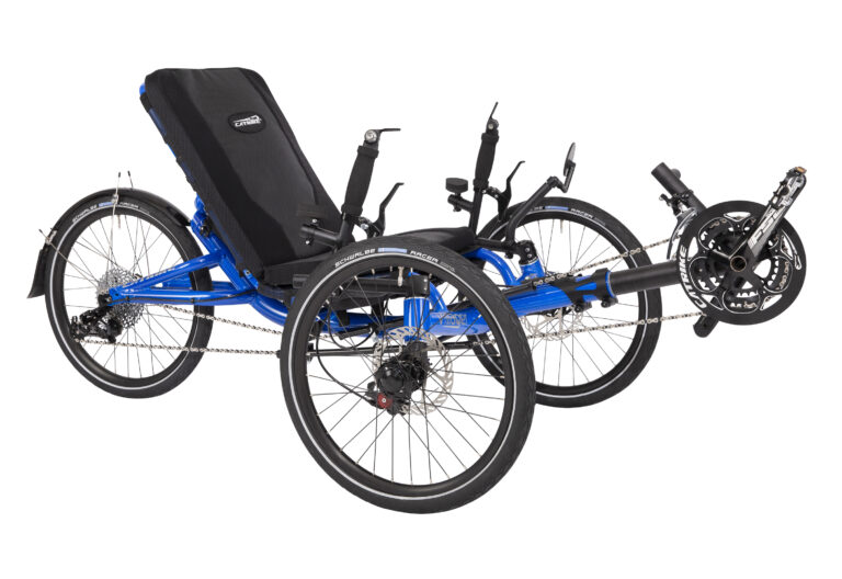 Promotional image of a blue recumbent Villager trike, side front view