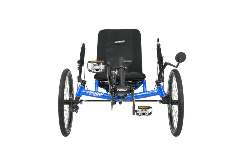 Promotional image of a blue recumbent Villager trike, front view