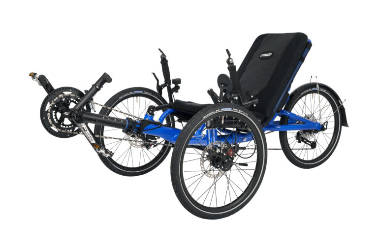 Promotional image of a blue recumbent Villager trike, side front view
