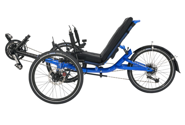 Promotional image of a blue recumbent Villager trike, sideview