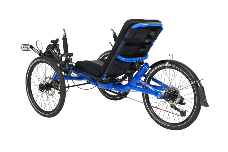 Promotional image of a blue recumbent Villager trike, side rear view