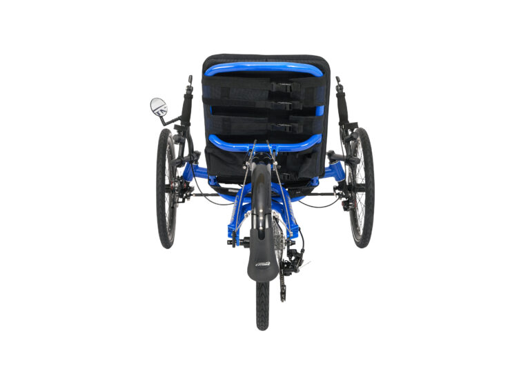 Promotional image of a blue recumbent Villager trike, rear view