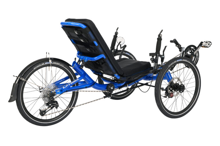 Promotional image of a blue recumbent Villager trike, side rear view